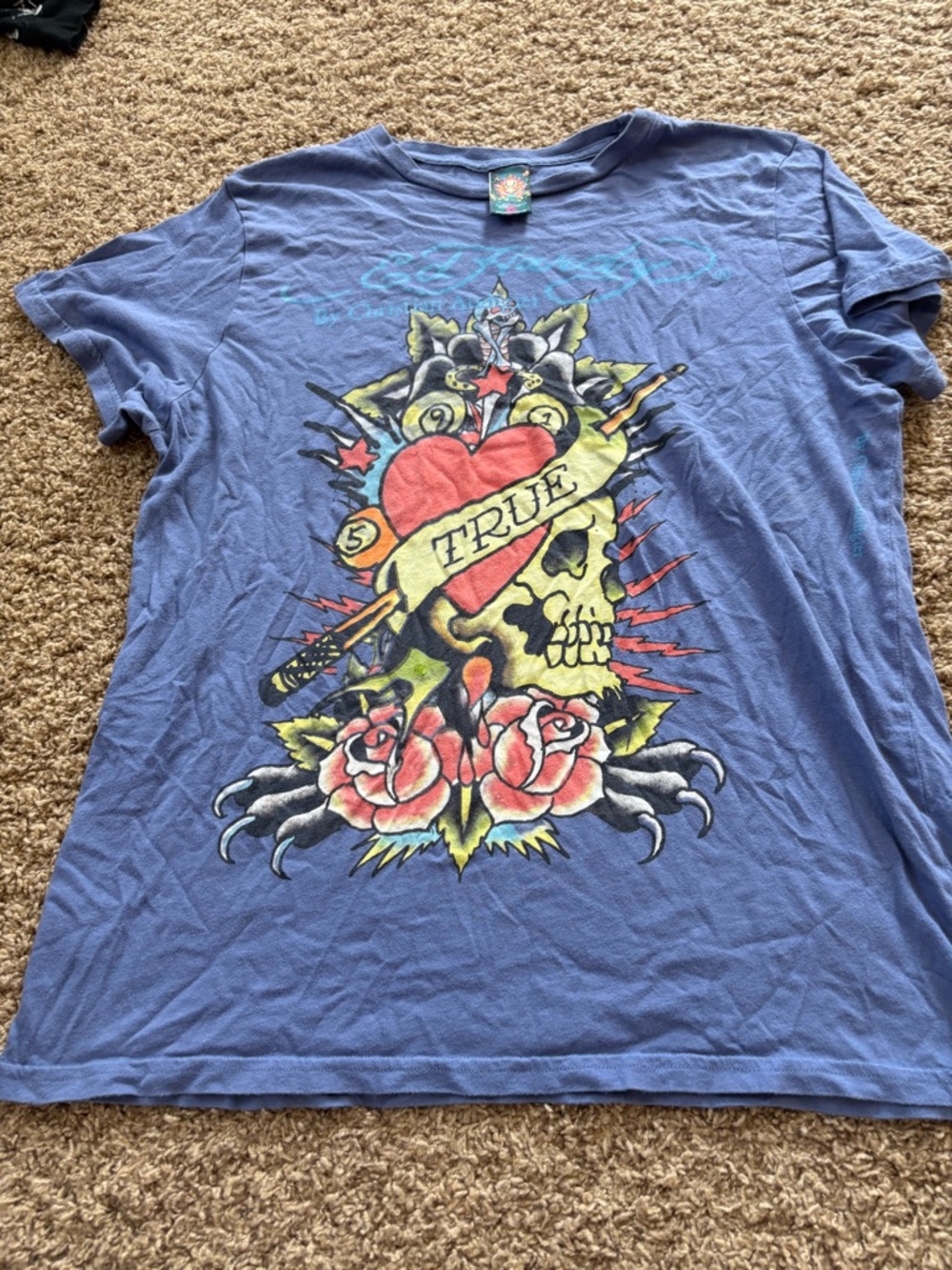 Ed Hardy Blue Short Sleeve Tee with Heart, Skull & Rose Graphic